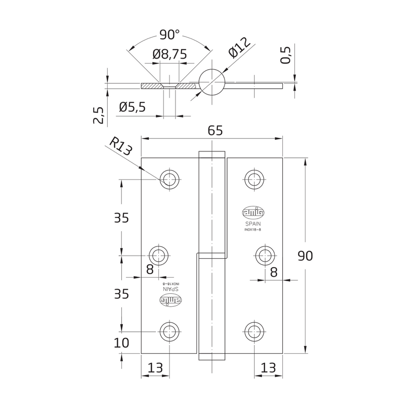 Pernio rectangular canto recto sin remate cromo mate de 90x65mm para puertas