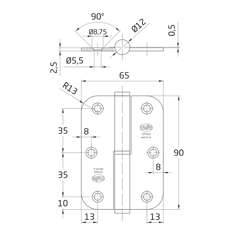 Pernio rectangular canto redondo sin remate cromo mate de 90x65mm para puertas