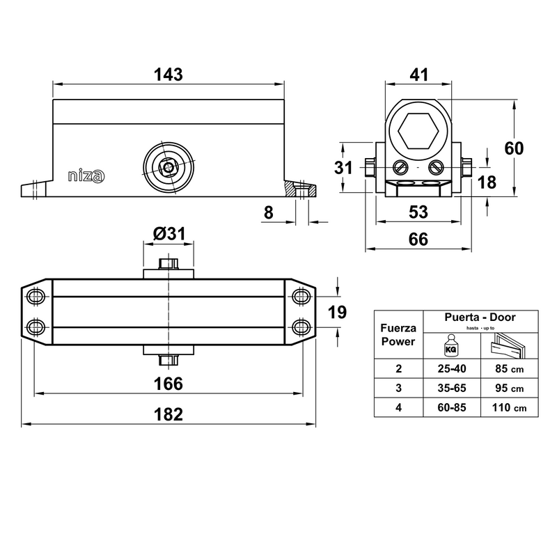 Cierrapuertas automático plateado de aluminio con colocación ajustable de 2 a 4