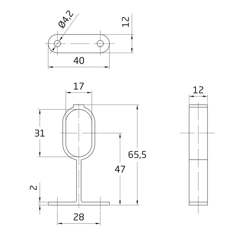 Soporte central de aluminio dorado para barra de armario ovalado de 30x15x66mm