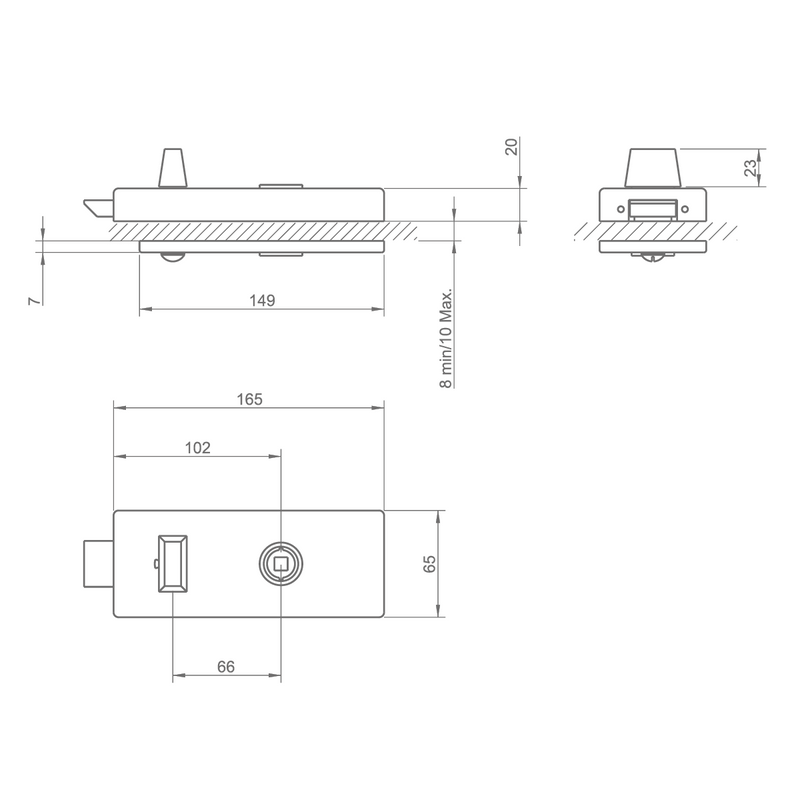 Cerradura 4026 con opción de manilla y muletilla para puertas de cristal de baños