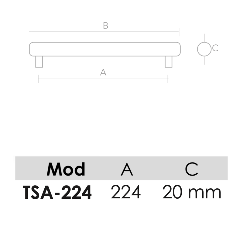 Puxador de alumínio modelo TSA para móveis e armários com 224mm entre eixos