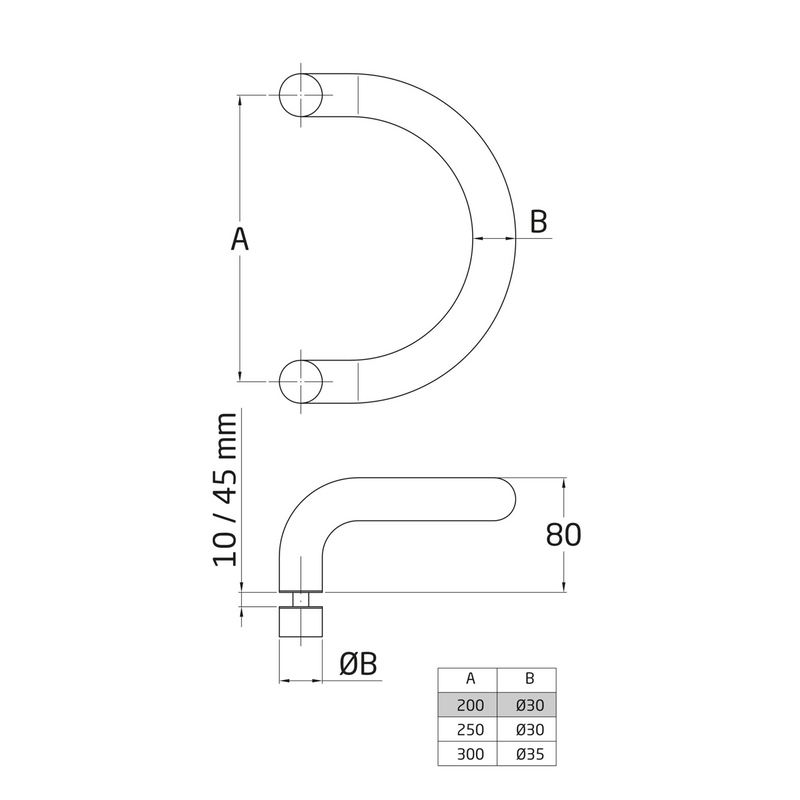 250mm curved stainless steel U-handle for wooden or glass doors from 10 to 45mm thick