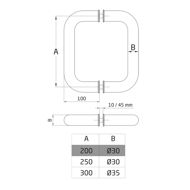 Cabo de aço inoxidável padrão para madeira e vidro 250mm entre eixos para espessuras de 10 a 45mm