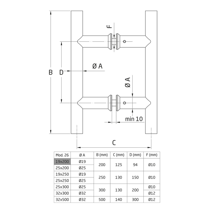 Stainless handle for H-shaped glass, 19Ø and 200mm high