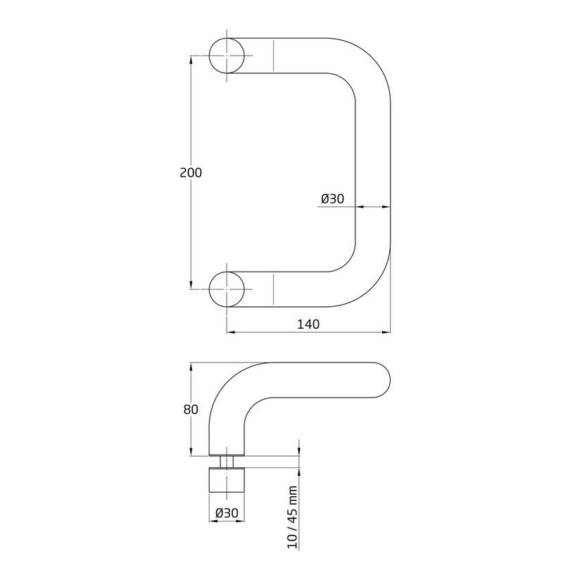 Manillón curvo de 35Ø y 300 entre ejes de acero inoxidable para madera y cristal