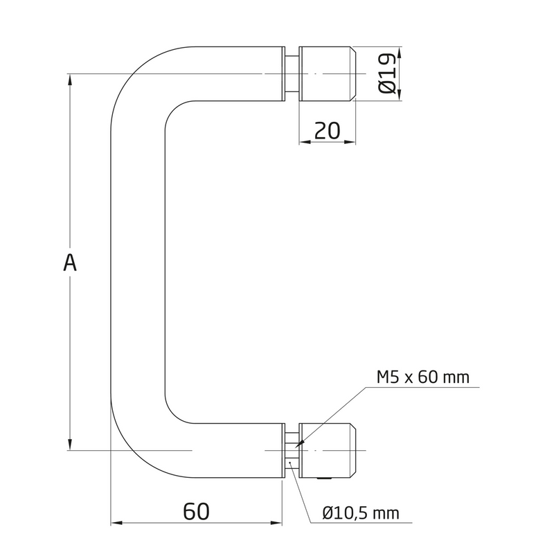 Standard stainless steel handle for wood and glass, 19Ø and 200 between axes