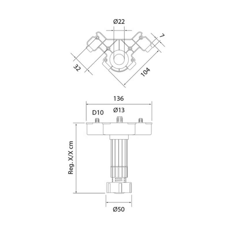 Pata negra regulable de 8 a 10 cm con pivote de 13ø de ABS para modulo de cocina