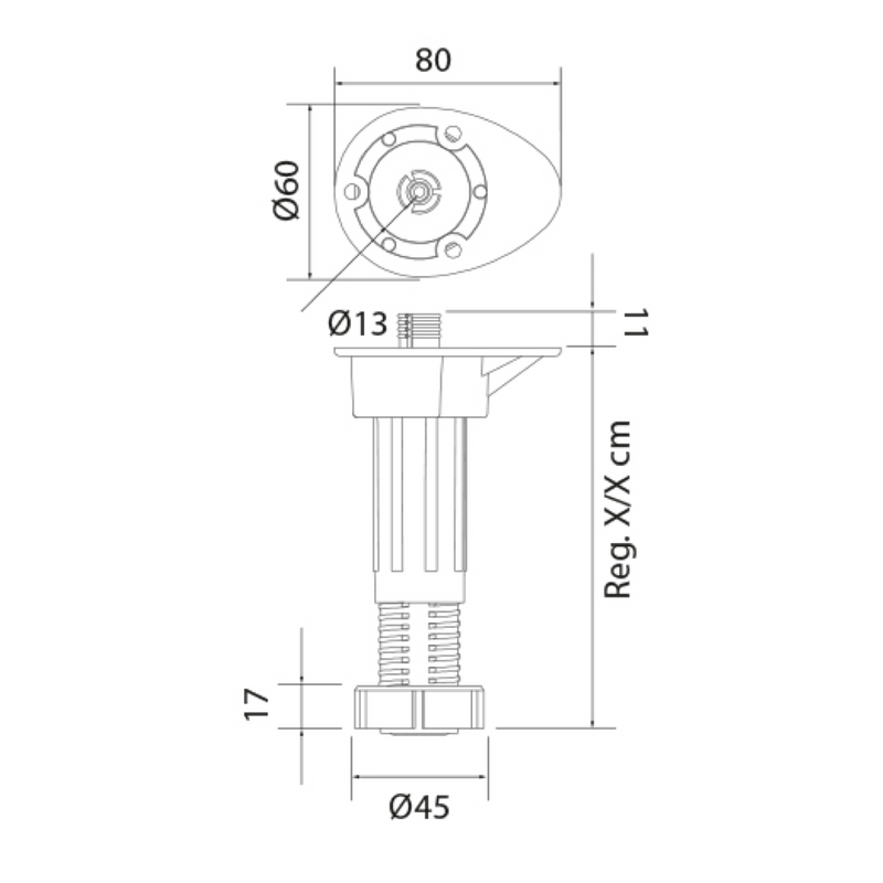 Pata negra regulable de 10 a 13 cm con pivote de 13ø de ABS para modulo ECO