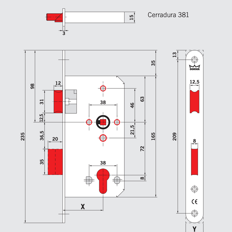 Cerradura Dorma modelo 281A canto redondo distancia cerradura 55mm frente de 24