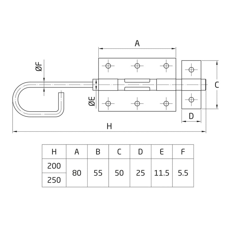 Pasador vertical rústico con placa y agarradero de 200x80mm para sobreponer en puertas