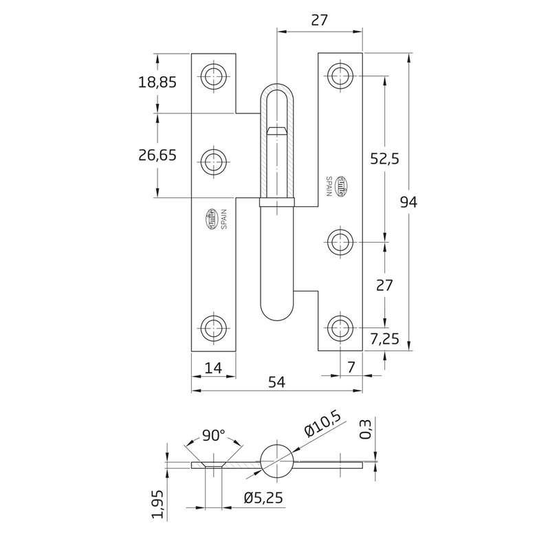 Pernio de puerta de canto recto de acero inoxidable sin remate de 95 x 52 mm