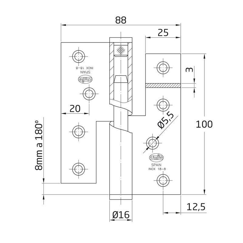 Pernio de elevación con pala abierta inoxidable canto recto de 100x88mm