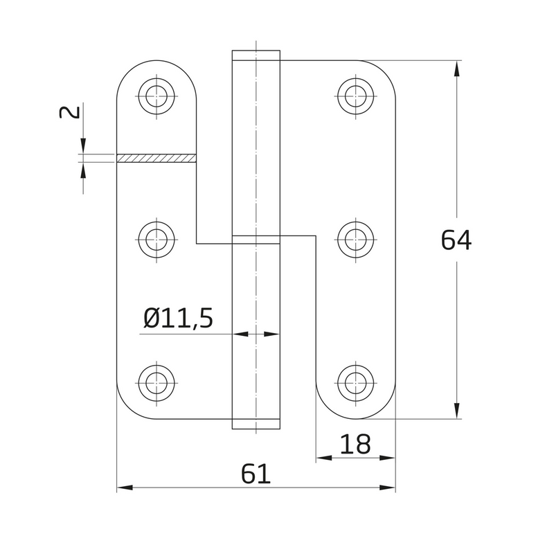 Pernio de pala abierta de acero inoxidable canto redondo de 64x61mm