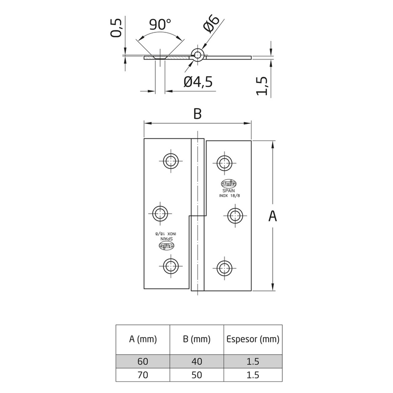 Bisagra desmontable de acero inoxidable canto cuadrado sin remate 60x40mm