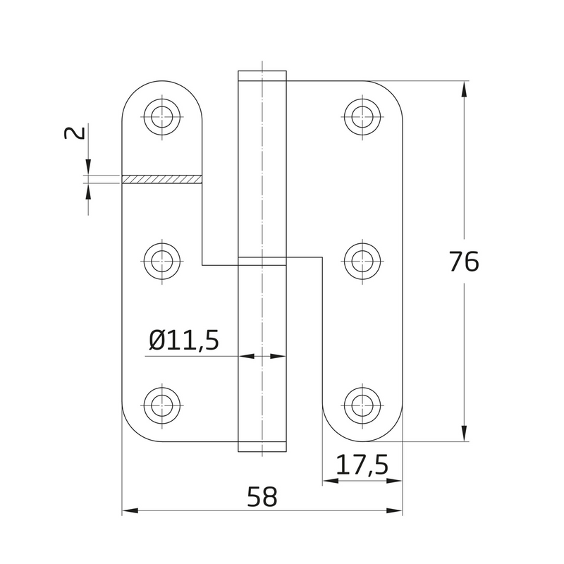 Pernio de pala abierta de acero inoxidable canto redondo de 76x58mm