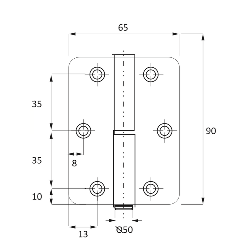 Bisagra pernio de acero inoxidable canto redondo para puertas 90mm x 65mm