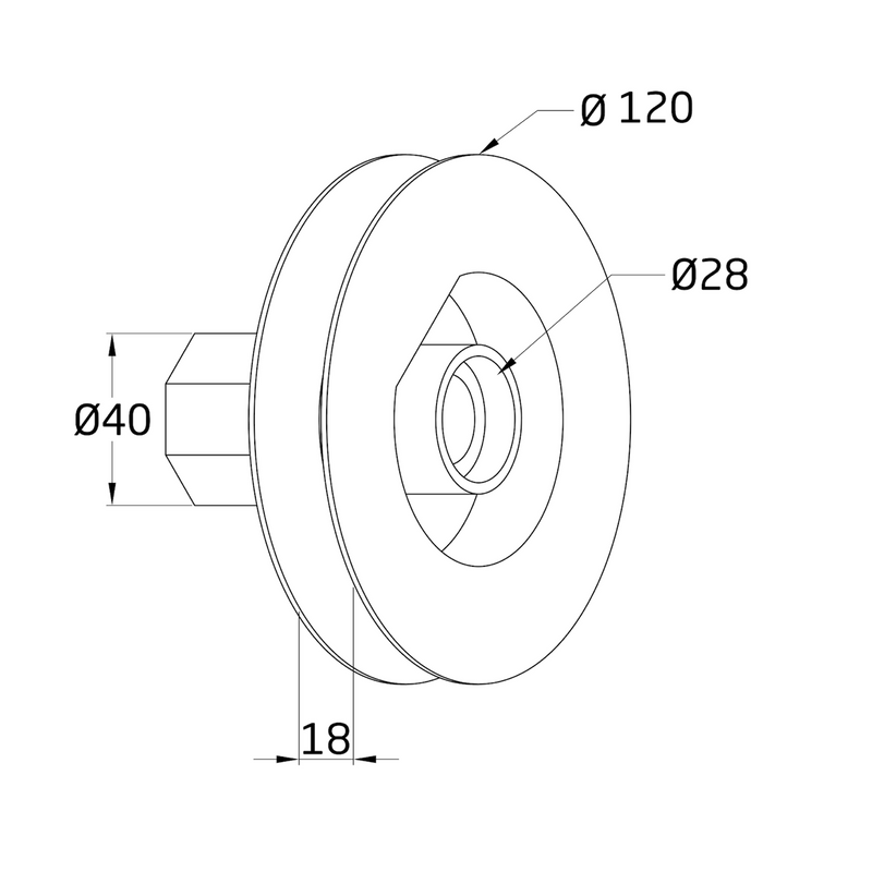 Polea de pvc de 120Ø para tubo de 42mm de persiana con cinta de 18mm