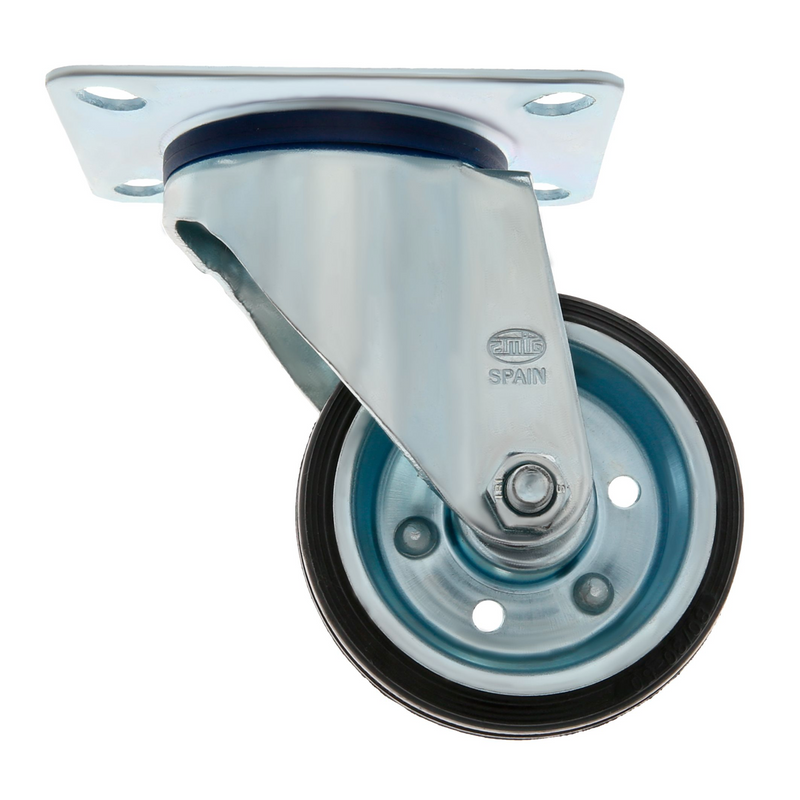 360º swivel wheel of Ø160mm with screw-on plate covered in black rubber