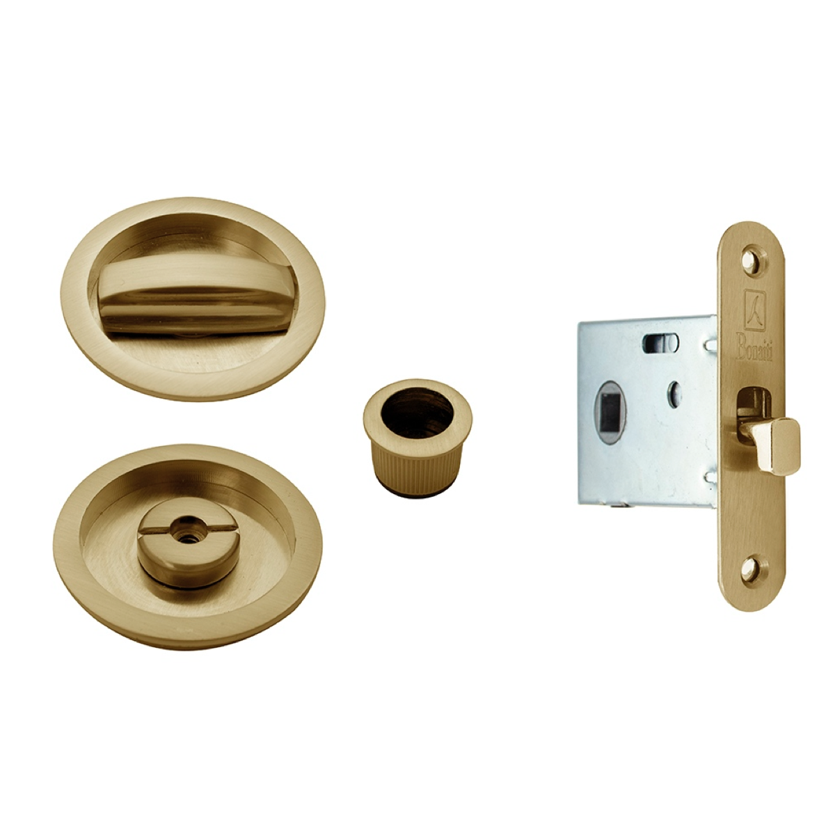 Kit uñero 9510 redondo con condena y picaporte de 17mm en dorado mate para puerta corredera