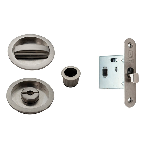 Kit uñero 9510 redondo con condena y picaporte de 17mm en níquel mate para puerta corredera