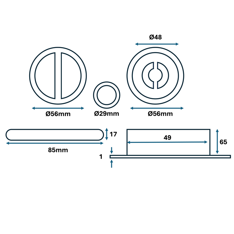 Kit uñero 9510 redondo con condena y picaporte de 17mm en cromo satinado para puerta corredera