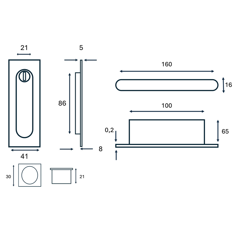 Kit uñero 75400 rectangular con condena y picaporte de 16mm en grafito para puerta corredera