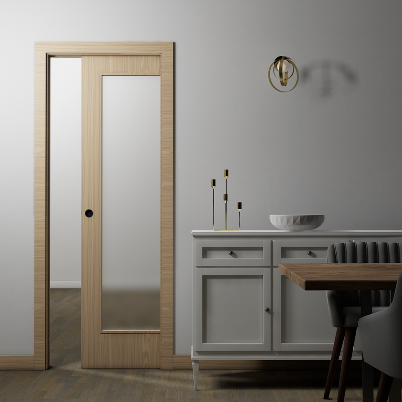 Puerta laminada LISA corredera con ventana grande 2030x725x35mm acabado roble ocaña Incluye KIT