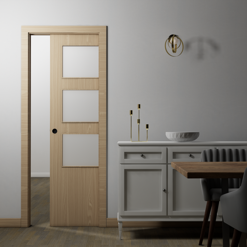 Puerta laminada LISA corredera con 3 ventanas de 2030x725x35 en acabado roble ocaña incluye KIT