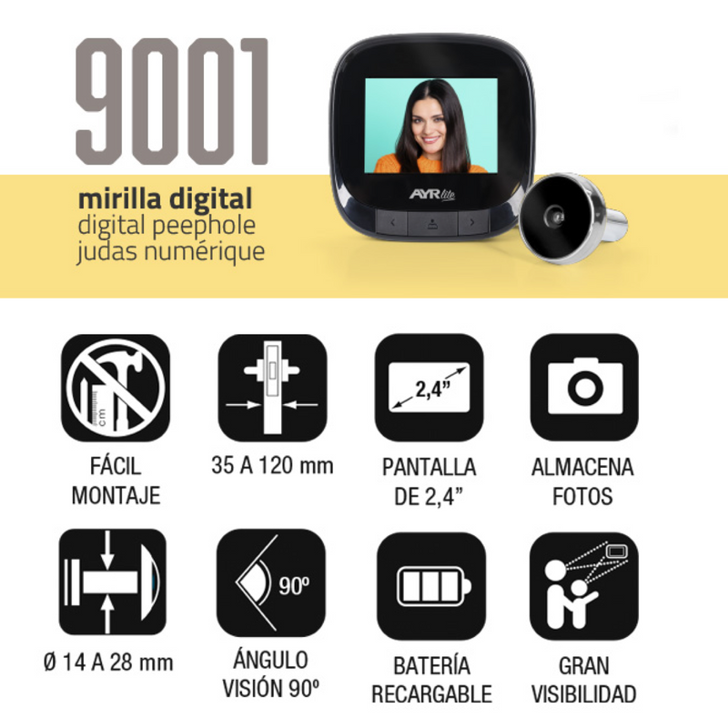 Mirilla digital LITE 9001 blanco/dorado con pantalla de 2,4"