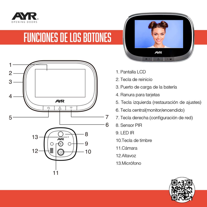 Mirilla niquelada AYR 763 de WIFI con pantalla de 4,3" y sensor ajustable