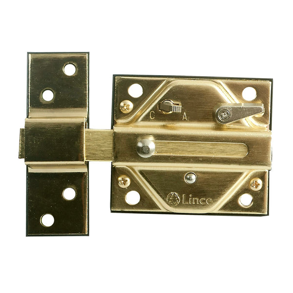 Cerrojo de seguridad de sobreponer de Lince modelo 7930RHL en acabado latonado para puertas de 50mm