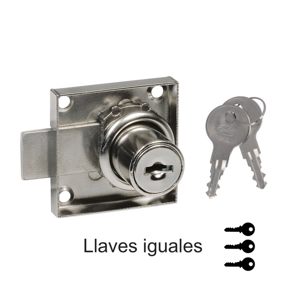 Cerradura para mueble de 40x40 niquelada con lengüeta de 16mm y de llaves iguales