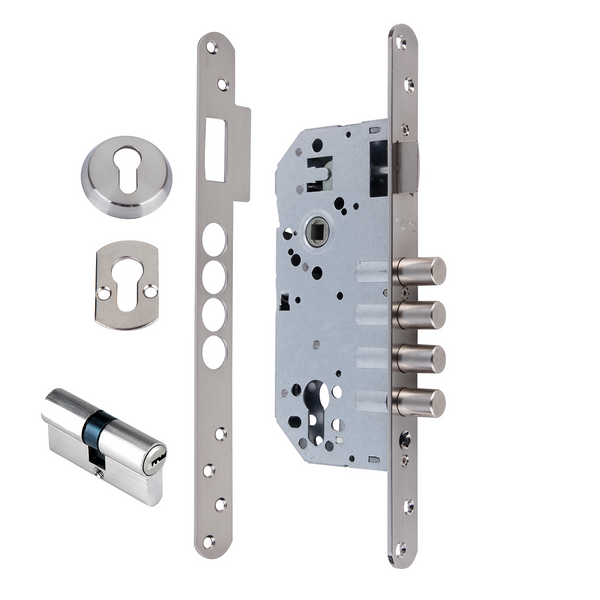 Cerradura de seguridad de 50mm canto redondo con 4 bulones de acero acabado níquel satinado
