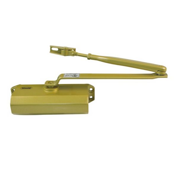 Hydraulic aluminum door closer in gold finish with adjustable placement at forces from 2 to 4