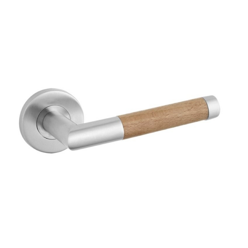 Model '1003' handle with round stainless steel rosette and wood-covered handle for doors 