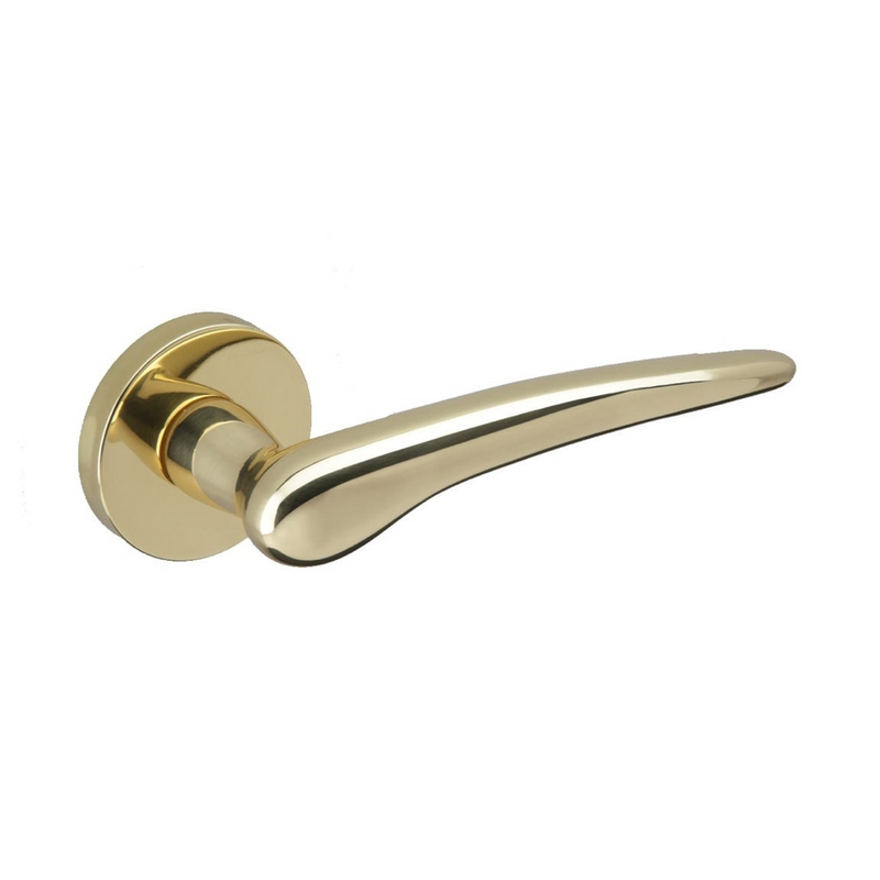 Brass handle with Round Rosette for doors glossy gold finish model Com.ma 106 