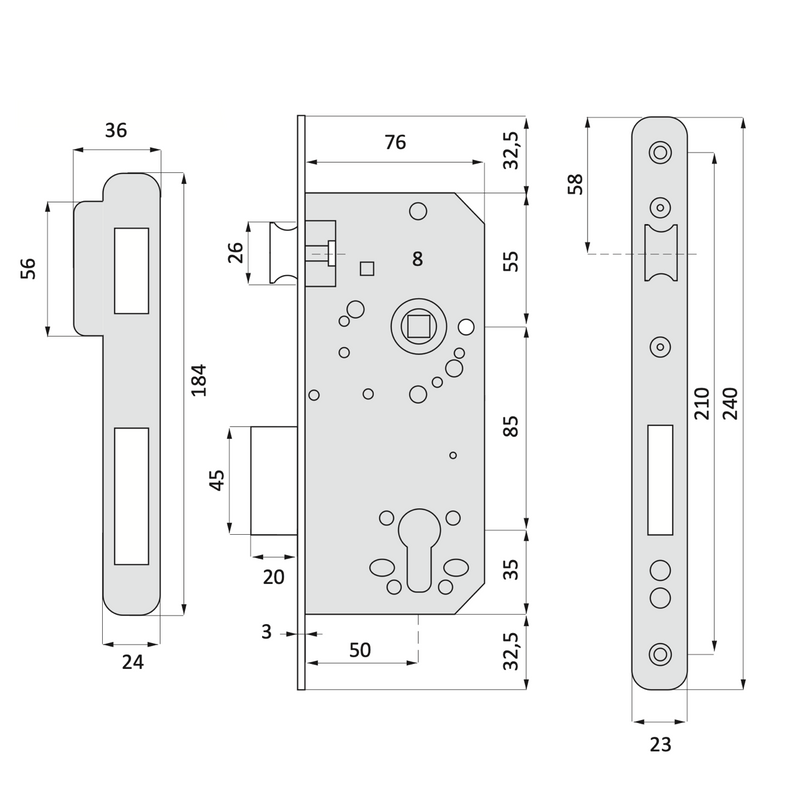 Fechadura de encaixe de 50 mm para cilindro europeu com borda reta frontal com 85 mm entre eixos com acabamento dourado brilhante 