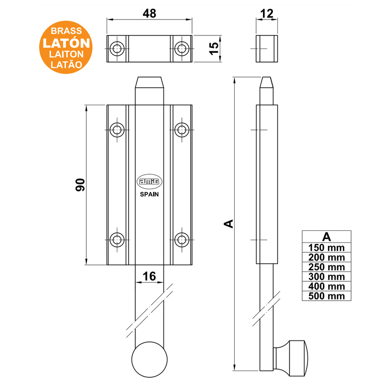 Pasador de alta calidad de latón en acabado dorado mate ideal para puertas