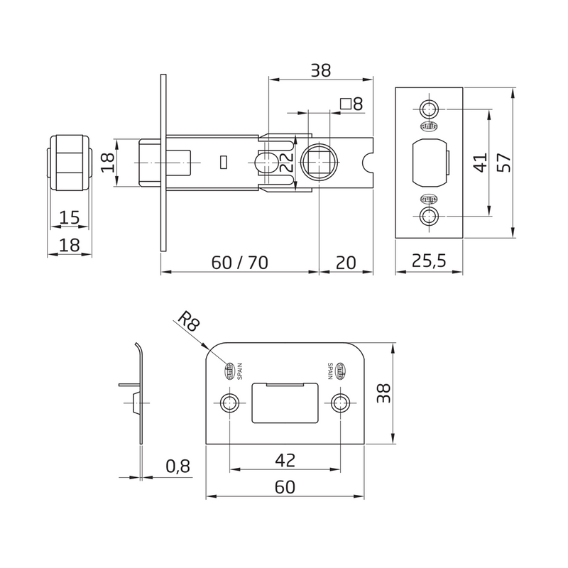 Trinco tubular extensível com borda quadrada em acabamento preto Distância entre eixos de 60/70 mm