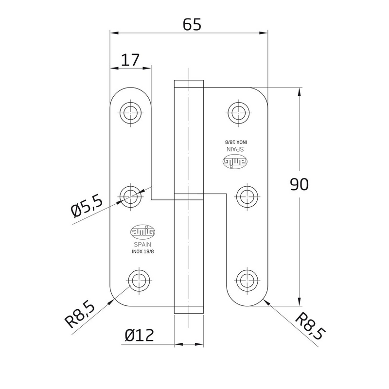 90x65mm round edge stainless steel open blade bolt